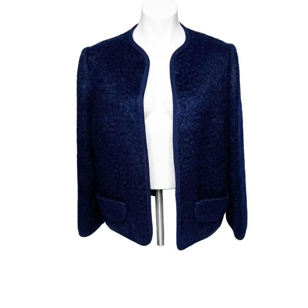 Vintage The Scotch House Rannoch Designs navy blue open front wool and mohair bl